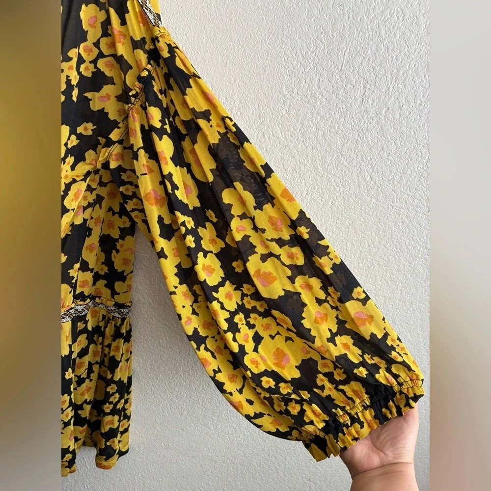 Free People Yellow and Black Tiered Sundress with Bishop Sleeves M - Picture 5 of 16